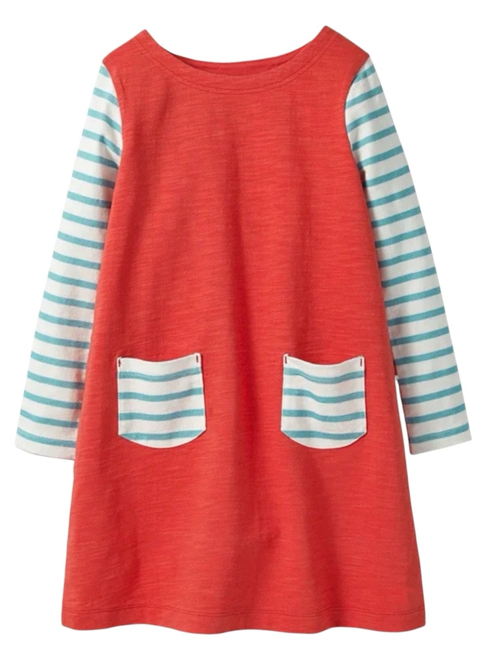 Mini Boden Coral Red Dress with Teal Striped Sleeves
